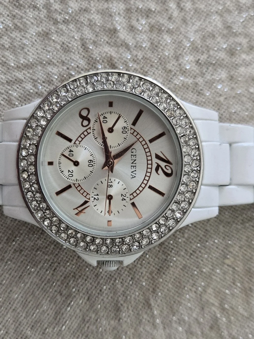Geneva Women's White Crystal Accent Ceramic Link Watch